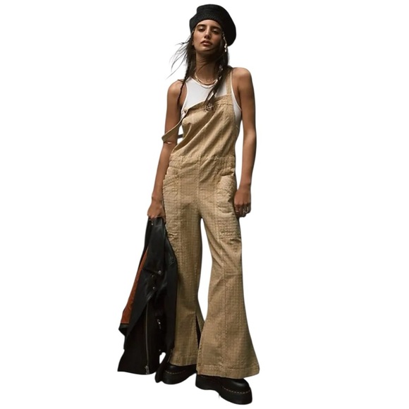 Free People Ziggy Grid 100% Cotton Gauze Wide Leg Overalls Jumpsuit Size S - Picture 1 of 11